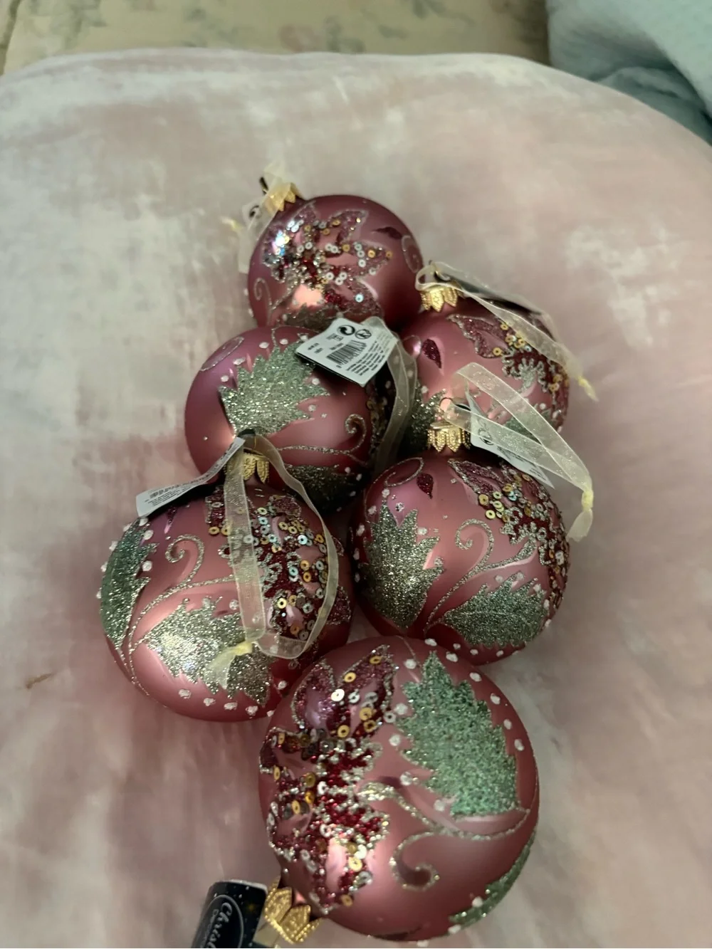 Set of 6 Hand-Painted Pink Floral Glass Ornaments